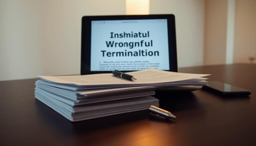 A neatly organized desk with a laptop, a stack of documents, and a pen resting on top. The laptop screen displays a document titled "Wrongful Termination Case." Warm, directional lighting illuminates the scene, casting subtle shadows and highlighting the details. The background is a neutral, minimalist office environment, allowing the central elements to be the focal point. The overall mood conveys a sense of professionalism, diligence, and the importance of documentation in a wrongful termination case.
