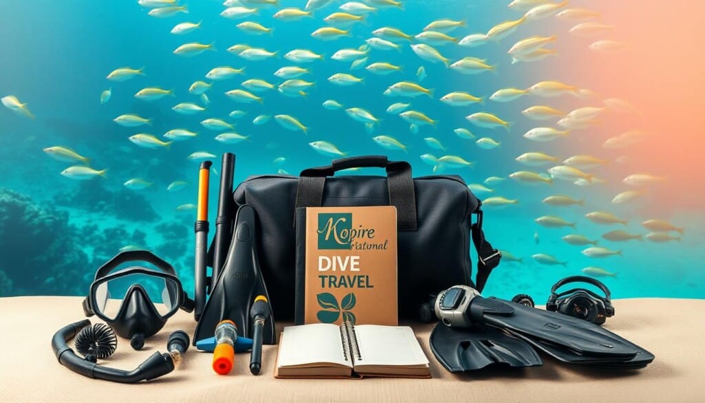 A neatly organized dive travel preparation gear display set against a soft, natural backdrop. In the foreground, a collection of essential items - diving mask, snorkel, fins, wetsuit, and regulator. The middle ground showcases a travel bag and a dive log book, symbolizing the planning and organization required. In the background, a serene underwater scene with schools of tropical fish swimming, creating a sense of the final dive adventure. Warm, diffused lighting casts a gentle glow, evoking a calming, anticipatory mood. The overall composition conveys the excitement and readiness for an upcoming dive travel experience.