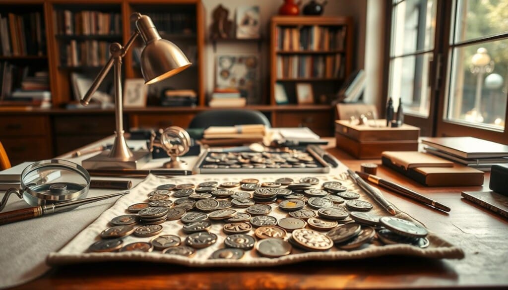 A neatly organized workbench illuminated by warm, diffused natural light, showcasing a collection of ancient coins carefully arranged for inspection. Magnifying glasses, brushes, and specialized tools surround the coins, hinting at the meticulous process of preparing them for sale. The coins themselves are displayed on a soft, neutral-colored cloth, highlighting their intricate designs and the patina of age. In the background, bookshelves and cabinets suggest the wealth of knowledge and experience possessed by the coin dealer. An air of quiet focus and professionalism permeates the scene, inviting the viewer to imagine the care and attention given to each item.