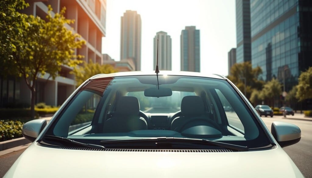 A neatly parked compact car in a bright, sunlit urban setting, showcasing its affordability and practicality for budget-conscious renters. The vehicle is framed against a backdrop of modern cityscape, with sleek high-rise buildings and lush greenery softening the urban landscape. The car's interior is visible through the windshield, conveying a sense of comfortable and functional design. The image is captured at a mid-level angle, emphasizing the car's compact and maneuverable size, perfect for navigating tight city streets and finding easy parking. The overall tone is one of cost-effective mobility and urban convenience, inviting the viewer to consider this budget-friendly rental option.