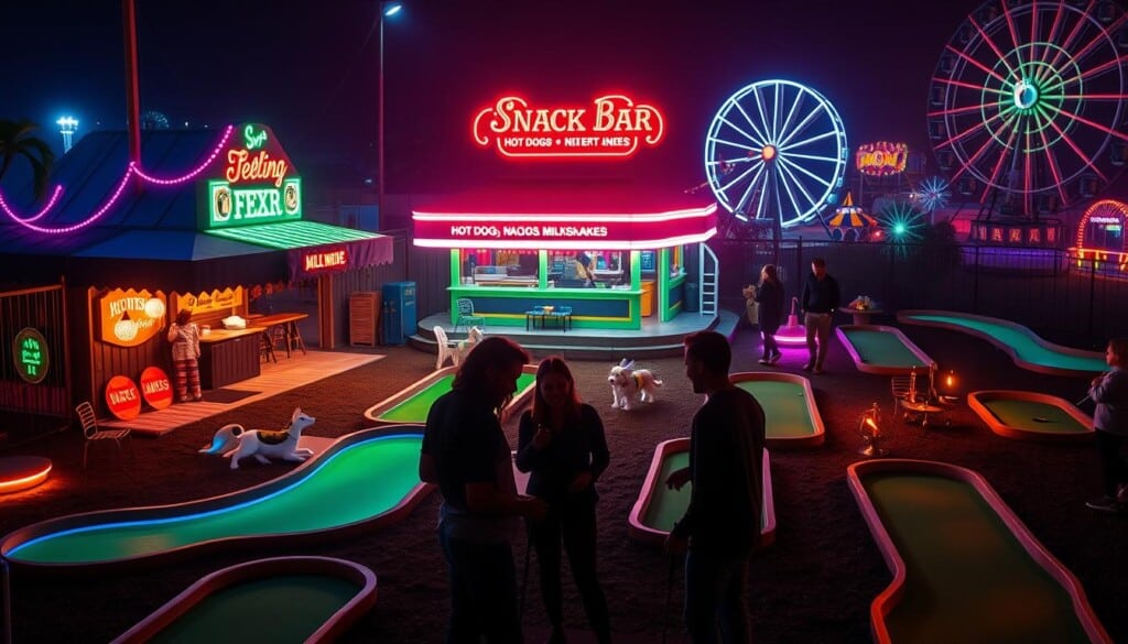 A neon-lit mini golf course at night, the greens illuminated by vibrant colors and playful lighting. In the foreground, a group of friends laughing and putting, their silhouettes cast against the backdrop of glow-in-the-dark obstacles and whimsical decorations. The middle ground features a snack bar serving up hot dogs, nachos, and milkshakes, its vintage-inspired signage casting a warm glow. In the distance, a ferris wheel and other carnival rides add to the lively, nostalgic atmosphere. The scene is bathed in a soft, hazy light, creating a dreamlike, almost cinematic quality.