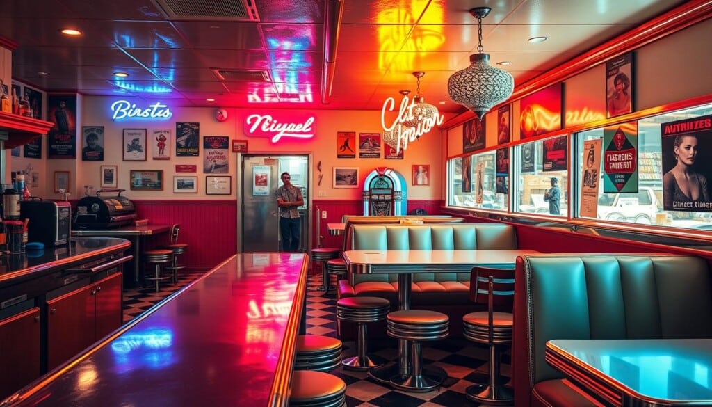 A nostalgic diner interior bathed in warm, vintage lighting. Shiny chrome countertops and vinyl booths in pastel hues. Neon signs casting a soft glow, complementing the retro bar stools and jukebox in the corner. Stainless steel appliances and checkered tile floors create an authentic 1950s atmosphere. Posters and memorabilia on the walls transport the viewer to a classic American diner, evoking a sense of comfort and timeless charm.