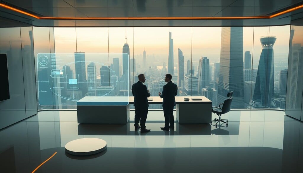 A panoramic view of a sleek, futuristic office. In the foreground, a transparent, holographic interface floats above a glossy, chrome-accented desk. Cinematic lighting bathes the room in a warm, amber glow, casting subtle shadows that add depth and dimension. In the middle ground, a team of professionals in minimalist, tailored attire collaborate around a large, interactive display, discussing complex financial transactions. The background reveals a sprawling cityscape of towering skyscrapers, their angular facades reflecting the soft, diffused light of the evening sky. An atmosphere of innovation, security, and efficiency pervades the scene, hinting at the evolving role of escrow services in the digital age.