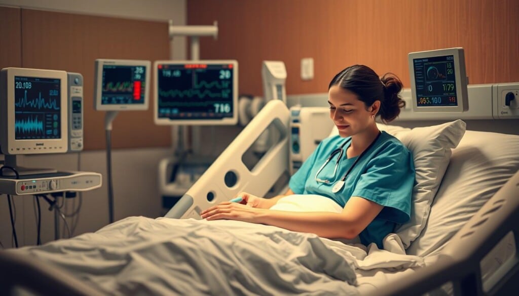 A patient resting comfortably in a hospital bed, surrounded by essential medical equipment and attentive nurses. The warm, soft lighting creates a soothing atmosphere, while the clean, sterile environment conveys a sense of care and professionalism. In the foreground, a nurse checks the patient's vitals, her gentle touch and reassuring expression radiating empathy. In the middle ground, various monitoring devices display real-time data, ensuring the patient's progress is closely tracked. The background features a calming, neutral-toned decor, conveying a sense of tranquility and recovery. The overall scene depicts the comprehensive, compassionate care provided during the crucial post-surgery stage.