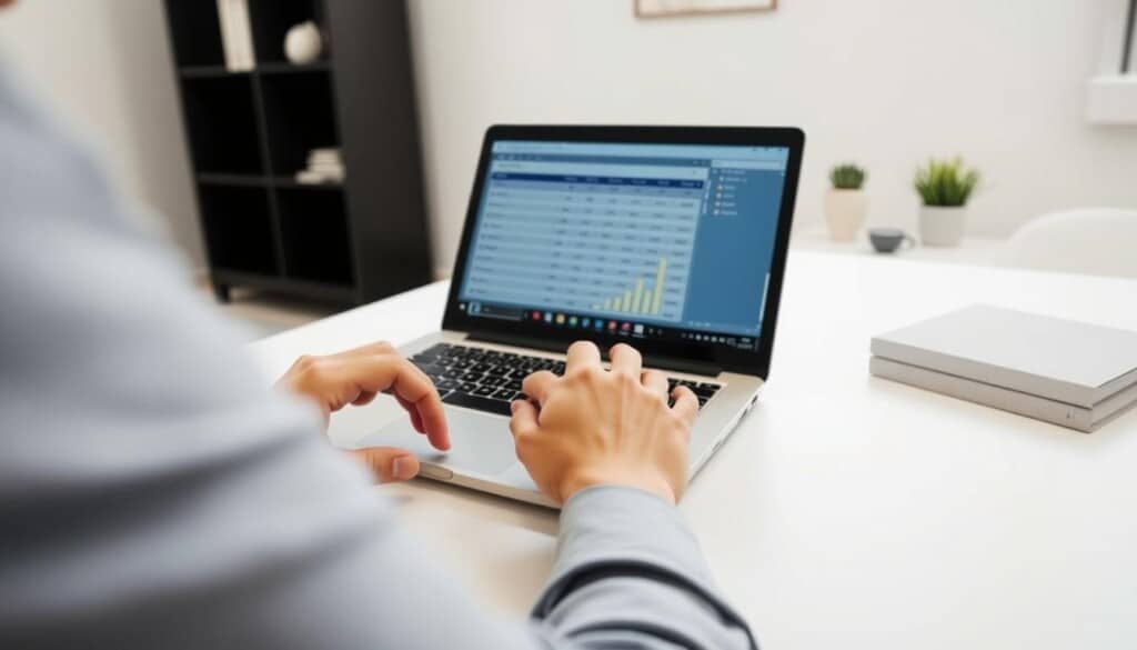A person sitting at a desk, analyzing and comparing car insurance quotes displayed on a laptop screen. The foreground shows the hands typing on the keyboard, the middle ground features the open laptop with a spreadsheet or comparison tool, and the background depicts a minimalist office environment with neutral colors and simple decor. The lighting is soft and diffused, creating a focused and thoughtful atmosphere. The camera angle is slightly elevated, highlighting the process of researching and selecting the best car insurance plan.