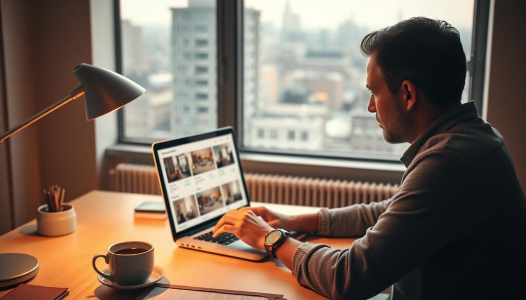 A person sitting at a desk, closely examining apartment listings on a laptop screen, with a focused expression. Warm, soft lighting illuminates the scene, casting a cozy ambiance. In the background, a large window overlooks a cityscape, providing a sense of context. The desk is neatly organized, with a cup of coffee and a few papers or notes scattered around. The overall mood is one of careful consideration and evaluation, reflecting the task at hand.