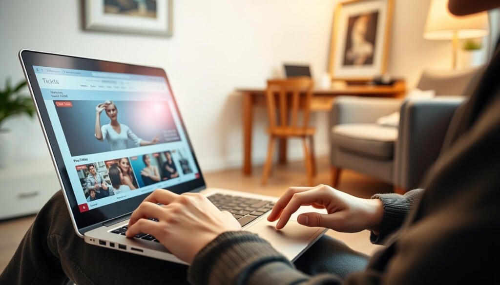 A person sitting at a laptop intently purchasing opera or ballet tickets online. The foreground features their hands on the keyboard, the laptop screen displaying a ticketing website. The middle ground shows a cozy home office setting with a desk, chair, and a framed artwork on the wall. The background is softly blurred, hinting at a peaceful, domestic atmosphere. The lighting is warm and inviting, creating a comfortable, welcoming mood. The composition focuses on the act of purchasing tickets, conveying the ease and convenience of the process.