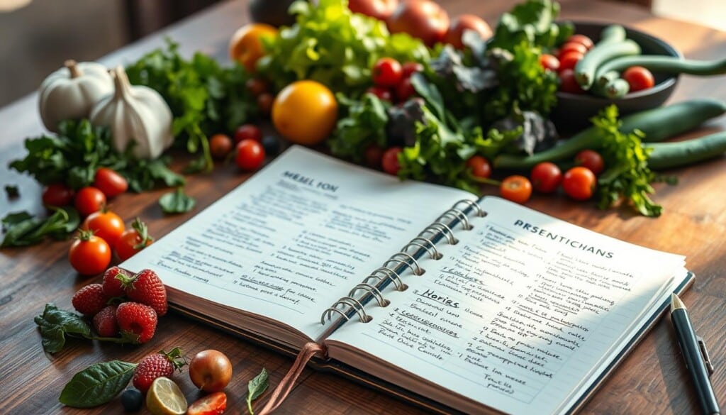 A personalized meal plan is thoughtfully crafted on a wooden table, surrounded by fresh ingredients. A nutritionist's notebook lies open, filled with handwritten notes and recommendations tailored to the individual's dietary needs and preferences. Soft, natural lighting casts a warm glow, creating an atmosphere of care and attentiveness. Vibrant, colorful produce - such as leafy greens, vibrant berries, and crisp vegetables - are arranged artfully, hinting at the nutritious and delicious meals to come. The overall scene conveys the benefits of working with a knowledgeable nutritionist to optimize one's diet and health.