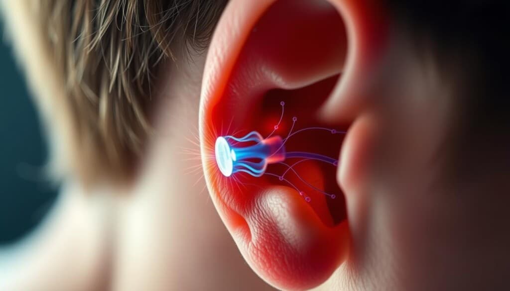 A person's ear, magnified and illuminated, revealing the intricate structures that enable improved hearing quality. The inner ear is prominently featured, showcasing the delicate hair cells and vibrant fluid dynamics that transduce sound waves into neural impulses. Soft, diffused lighting bathes the scene, creating a sense of depth and clarity. The background is blurred, drawing the viewer's focus to the central subject. The overall mood is one of scientific wonder and the human body's incredible capacity for auditory perception.