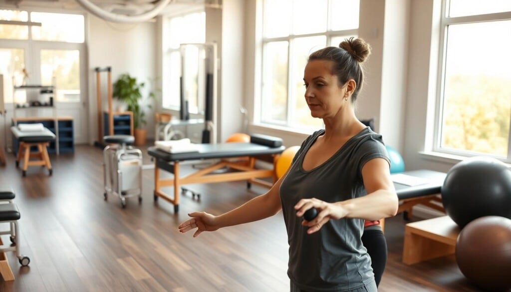 A physical therapy session taking place in a spacious, well-equipped clinic. In the foreground, a patient undergoing a series of gentle exercises, their expression focused as a physical therapist guides their movements. The middle ground features various medical equipment and tools, including massage tables, resistance bands, and exercise balls. In the background, large windows flood the room with warm, natural light, creating a calming and therapeutic atmosphere. The overall scene conveys a sense of professionalism, care, and the collaborative nature of the physical therapy experience.