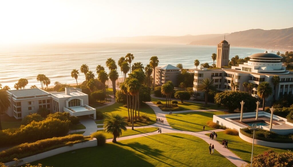 A picturesque coastal landscape showcasing the architectural grandeur of notable West Coast art colleges. In the foreground, students stroll across lush, verdant campuses, admiring the striking modernist and postmodern buildings that dot the scenery. The middle ground features towering palm trees swaying gently in the ocean breeze, with the iconic Pacific coastline visible in the distance. Warm, golden sunlight bathes the scene, creating a vibrant, inviting atmosphere. The image captures the dynamic, creative energy that permeates these renowned institutions, inspiring the next generation of artists and designers.