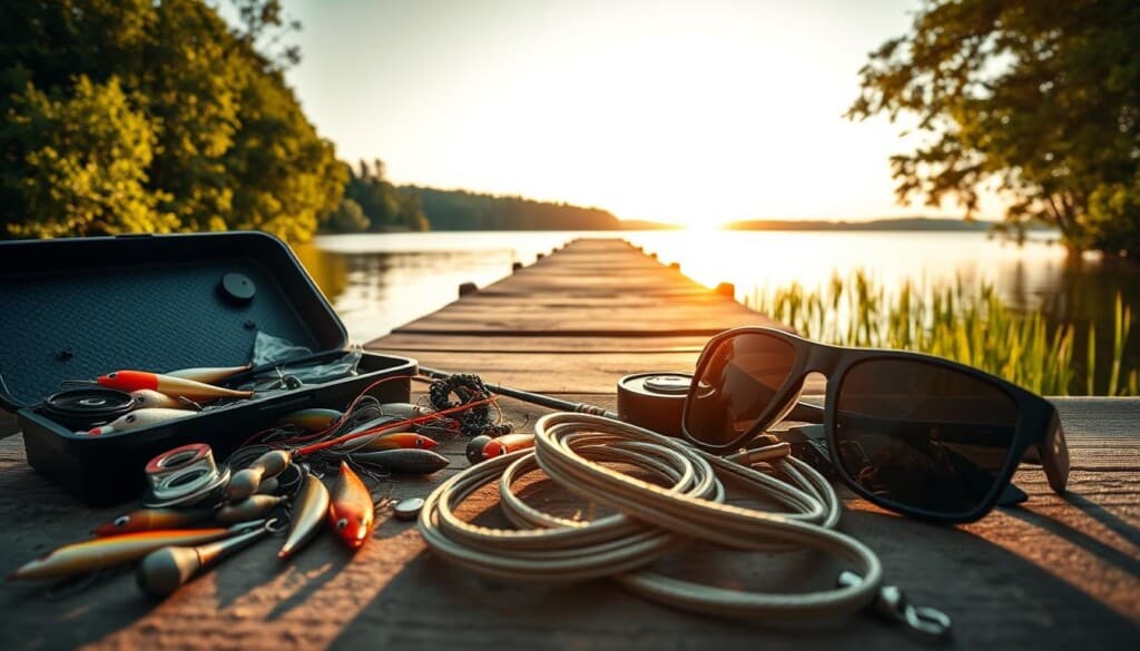 A picturesque fishing day trip scene, captured with a wide-angle lens. In the foreground, an assortment of essential gear lies neatly arranged - a tackle box overflowing with lures, hooks, and sinkers, a coiled length of sturdy fishing line, and a pair of polarized sunglasses. In the middle ground, a weathered wooden dock extends into a serene lake, the surface reflecting the warm hues of a golden hour sunset. In the background, a lush, verdant forest frames the scene, creating a tranquil, natural atmosphere. Bright, directional lighting casts dramatic shadows, heightening the sense of depth and dimensionality. The overall mood is one of anticipation and adventure, perfectly capturing the spirit of a memorable fishing day trip.