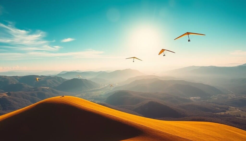 A picturesque landscape of majestic mountains and serene valleys, where hang gliders soar gracefully against a backdrop of azure skies. In the foreground, a pristine launch site with a gentle slope, inviting pilots to take to the air. The middle ground showcases colorful, sleek hang gliders gliding effortlessly, their wings capturing the sun's rays. In the distance, breathtaking vistas of rolling hills and lush forests, creating a harmonious blend of nature and human adventure. The lighting is warm and golden, casting a soft, ethereal glow over the scene. Captured with a wide-angle lens, the image conveys the exhilaration and freedom of hang gliding in this stunning American landscape.