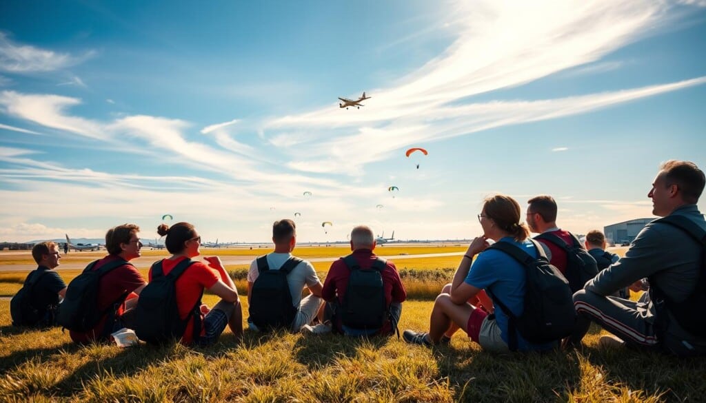A picturesque outdoor scene with a group of skydiving enthusiasts gathering to share their thrilling experiences. In the foreground, several people sitting on the grass, engaged in animated conversations, their faces alight with excitement. In the middle ground, a bustling airfield, with planes taking off and landing in the distance. The sky above is a brilliant blue, punctuated by the distant silhouettes of skydivers in free fall, their colorful parachutes billowing open as they gently descend. The overall scene conveys a sense of adventure, camaraderie, and the sheer joy of the skydiving experience. Warm, natural lighting casts a golden glow, and the composition is balanced, drawing the viewer's eye to the central focus of the skydiving reviews and recommendations.