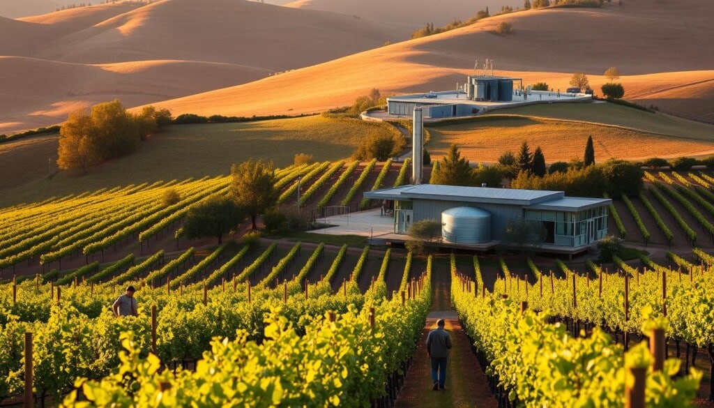 A picturesque vineyard nestled in rolling hills, bathed in warm, golden sunlight. In the foreground, a team of workers meticulously tend to the lush, organic vines, their movements graceful and deliberate. The middle ground reveals state-of-the-art, energy-efficient winemaking equipment, reflecting the winery's commitment to sustainable practices. In the background, a modern, eco-friendly winery building blends seamlessly with the natural landscape, its architecture designed to minimize environmental impact. The scene conveys a sense of harmony between nature and human stewardship, showcasing the winery's dedication to environmentally responsible winemaking.