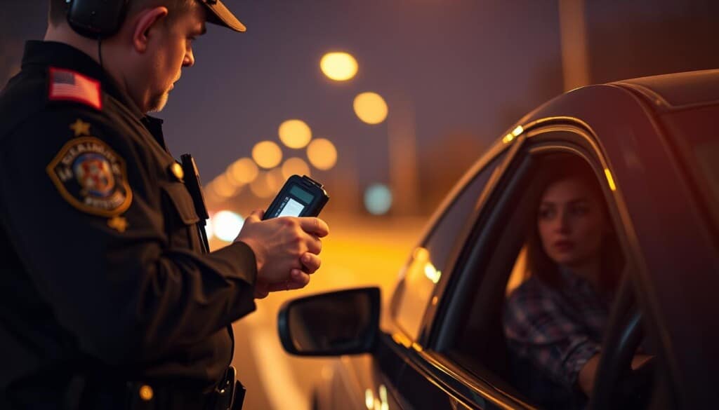 A police officer stands at the roadside, holding a breathalyzer device, as a concerned driver sits in their car, hands on the steering wheel. The scene is bathed in the warm glow of streetlights, creating a sense of tension and uncertainty. The driver's face is partially obscured, reflecting their apprehension about their rights and the implications of the situation. The background is blurred, keeping the focus on the central figures and their interaction. The image conveys the importance of understanding one's legal rights during a DUI traffic stop, a critical aspect of an experienced DUI attorney's defense strategy.
