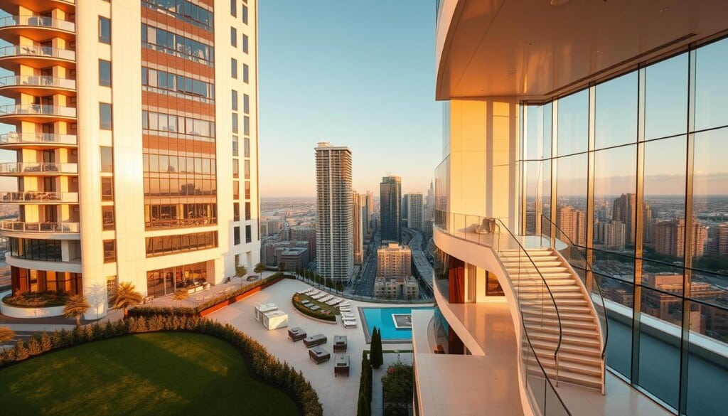 A pristine, high-rise luxury condominium in a chic, metropolitan setting. The building's sleek, modern facade gleams in the warm, golden afternoon light, casting long shadows across the manicured landscaping. Expansive floor-to-ceiling windows offer breathtaking views of the bustling cityscape below. Inside, the elegant lobby features plush seating, modern art, and a grand, sweeping staircase leading to the upper floors. Residents enjoy top-of-the-line amenities, including a state-of-the-art fitness center, infinity pool, and private concierge services. The overall atmosphere exudes sophistication, exclusivity, and the pinnacle of urban living.
