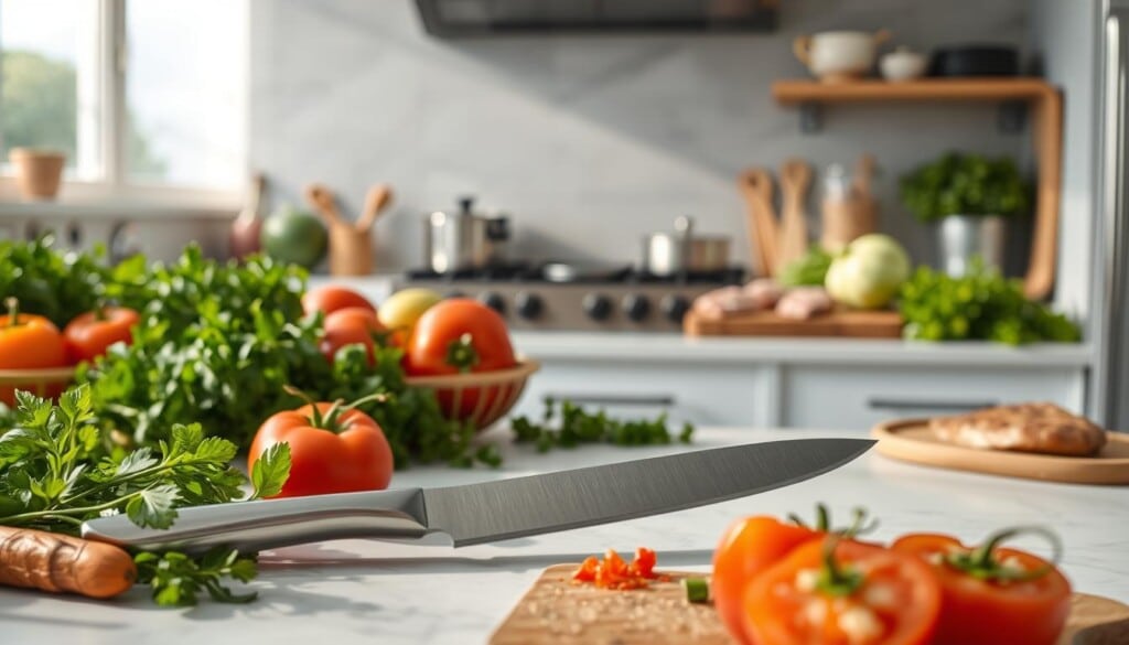 A pristine kitchen counter, bathed in soft, natural lighting. In the foreground, fresh ingredients are neatly arranged - vibrant vegetables, aromatic herbs, and high-quality proteins. A chef's knife glints as it slices through a juicy tomato, showcasing the precision and care taken in meal preparation. In the middle ground, a professional-grade stove and appliances stand ready, hinting at the culinary magic about to unfold. The background reveals a spacious, well-equipped kitchen, designed to facilitate the seamless execution of a gourmet meal. An atmosphere of focus, efficiency, and culinary excellence permeates the scene, inviting the viewer to imagine the delectable dishes that will soon emerge from this meticulously curated workspace.