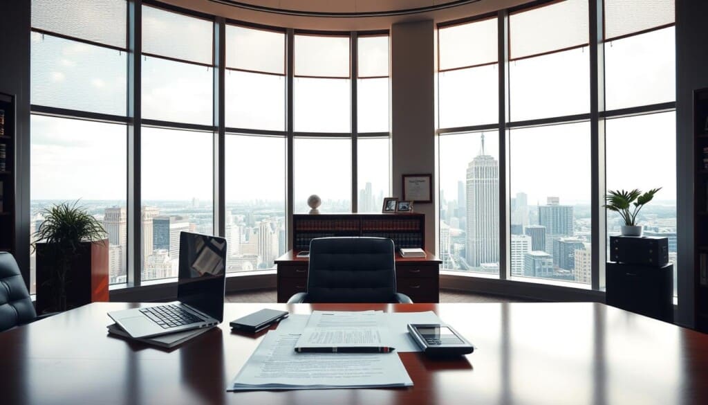 A pristine law office with floor-to-ceiling windows, flooded with warm natural light. A well-organized desk in the foreground, featuring a laptop, a stack of legal documents, and a calculator. In the middle ground, a professional-looking bookshelf lined with law books and a framed certificate on the wall. The background showcases a panoramic view of a bustling cityscape, hinting at the high-stakes legal world. The overall atmosphere exudes an air of authority, expertise, and attention to detail, reflecting the reliable service of a seasoned bankruptcy attorney.