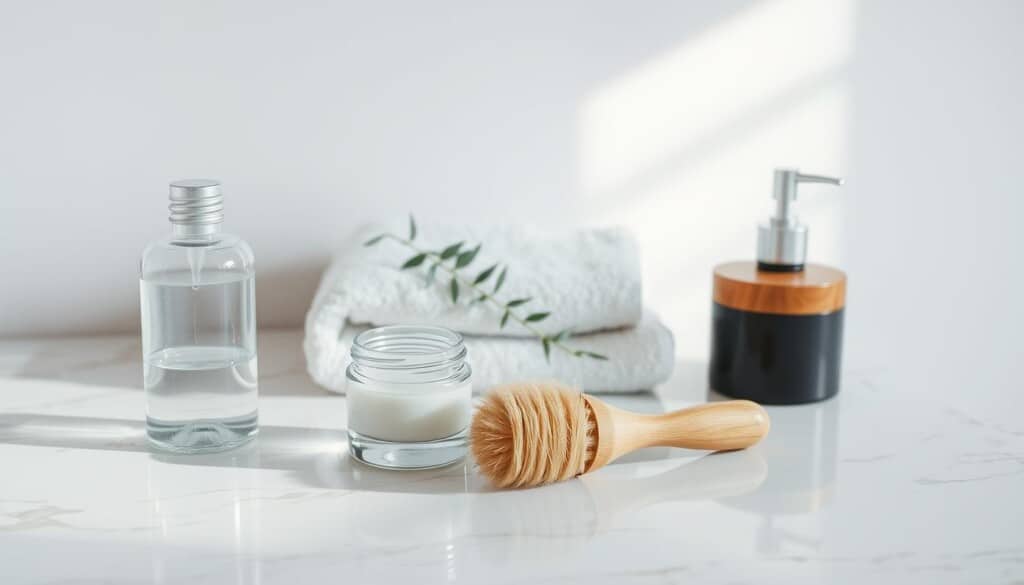 A pristine marble countertop, pristine and softly lit, with an assortment of luxurious skincare products arranged in a thoughtful, minimalist display. In the foreground, a glass bottle of toner, a jar of moisturizer, and a wooden-handled brush, all casting gentle shadows. The middle ground features a sleek, modern towel and a delicate sprig of greenery, adding a touch of nature. The background is a serene, neutral-toned wall, creating a calming, spa-like atmosphere. The overall scene conveys a sense of tranquility and intentionality, perfectly suited for a pre-tan skincare routine.