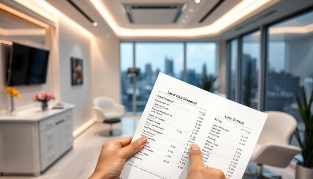 A pristine, modern medical clinic interior with sleek, minimalist decor and calming ambient lighting. In the foreground, a close-up view of a woman's hand holding a price list, highlighting the various cost options for laser hair removal treatments. The background features a large window with a cityscape outside, conveying a sense of professionalism and accessibility. The overall mood is one of informative clarity, with a focus on the financial details of this cosmetic procedure.