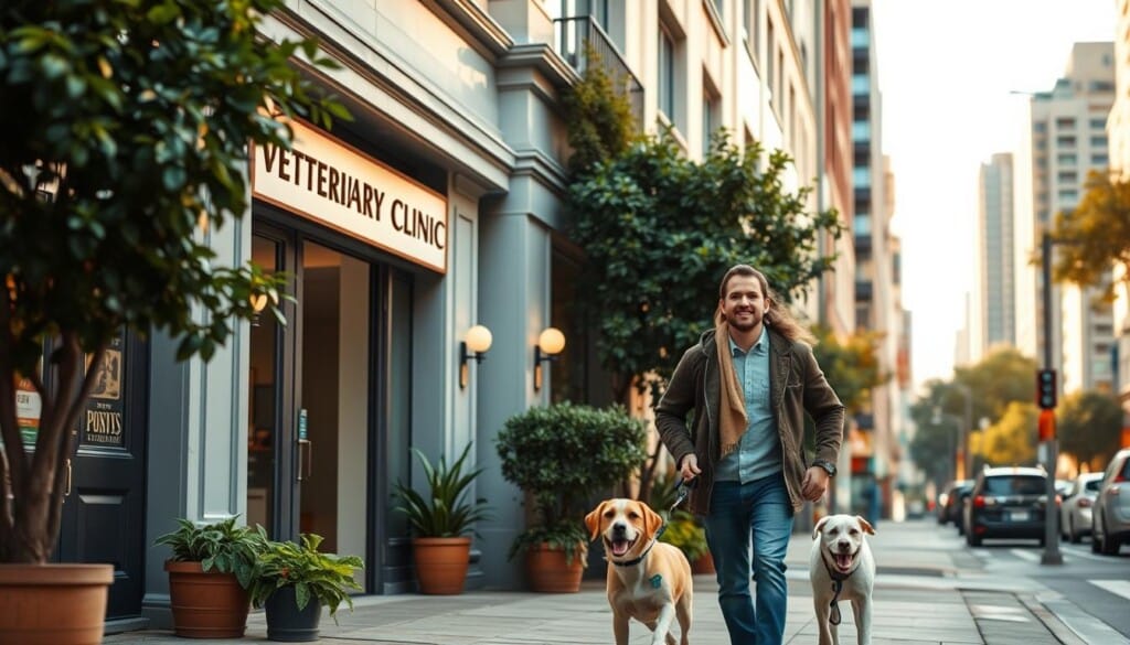 A pristine veterinary clinic nestled in a vibrant urban setting, its facade exuding a welcoming atmosphere. In the foreground, a well-groomed pet owner strolls alongside their companion, their faces alight with contentment. The middle ground showcases the clinic's entrance, adorned with a tasteful sign and lush greenery. The background gently fades into a bustling cityscape, reflecting the accessibility and convenience of this quality veterinary care. Warm, natural lighting filters through large windows, casting a comforting glow over the scene. The composition is balanced, inviting the viewer to imagine the exceptional pet care and service offered within.