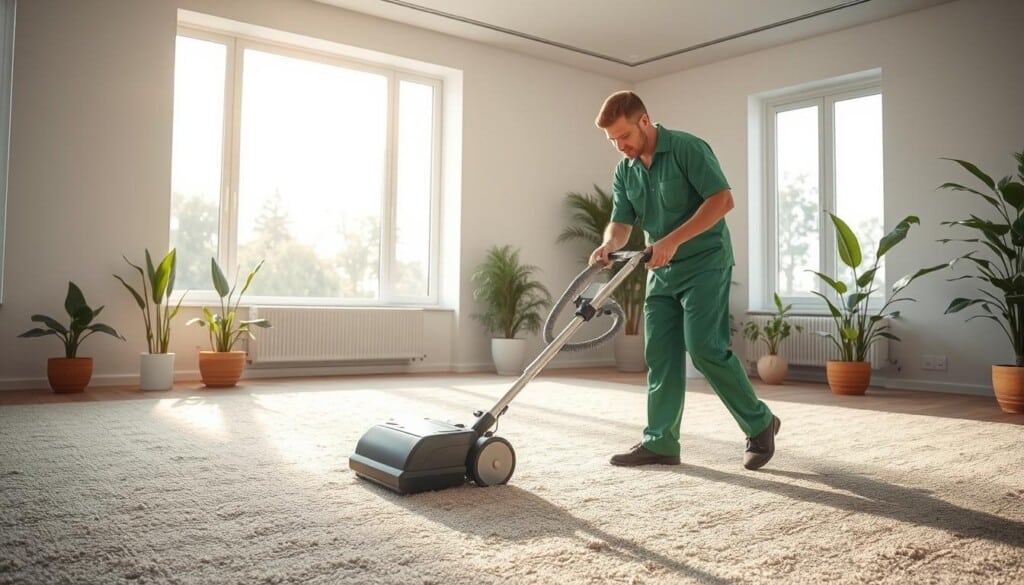 A pristine, well-lit room with natural sunlight streaming through large windows, casting a warm glow on a plush, eco-friendly carpet. In the foreground, a professional carpet cleaning technician dressed in a crisp, green uniform uses a powerful yet quiet machine, gently agitating the fibers and extracting dirt and debris with non-toxic, plant-based solutions. Vibrant potted plants and sustainable decor accent the scene, conveying a sense of environmental awareness and responsibility. The overall atmosphere is one of cleanliness, efficiency, and a commitment to green practices that preserve the integrity of the carpet and the health of the occupants.