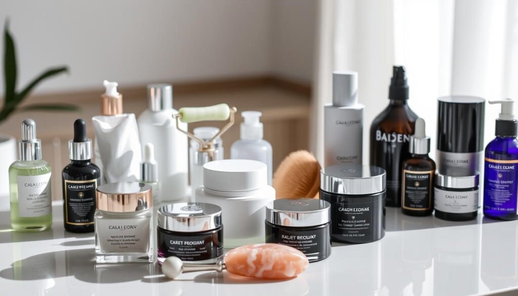 A pristine, well-lit tabletop display showcasing an array of premium skincare products. In the foreground, an assortment of bottles, jars, and tubes of various shapes, sizes, and textures are arranged in an aesthetically pleasing manner, each reflecting the light to create a sense of luxury and high-quality. The middle ground features complementary skincare tools such as a jade roller, facial brush, and a rose quartz face massager, all positioned to create a harmonious and functional setup. The background is slightly blurred, but hints at a clean, minimalist environment, allowing the products to take center stage. The overall composition exudes a sense of sophistication, inviting the viewer to explore the essential elements of an effective skincare regimen.