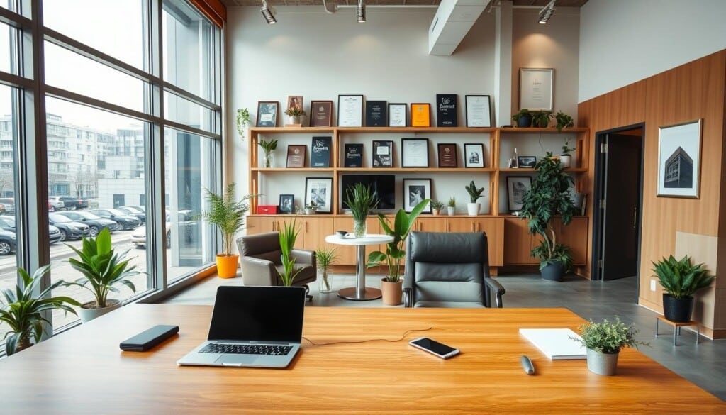 A professional and modern office interior with an expansive window providing abundant natural lighting. In the foreground, a large wooden desk with sleek, minimalist design elements and a laptop, smartphone, and other office supplies neatly arranged. In the middle ground, comfortable leather office chairs and a small conference table surrounded by potted plants, creating a serene and productive atmosphere. The background features shelves adorned with award plaques, certificates, and framed artwork, conveying a sense of success and expertise in property management. Warm, neutral tones throughout, with subtle pops of color in accents and decor.