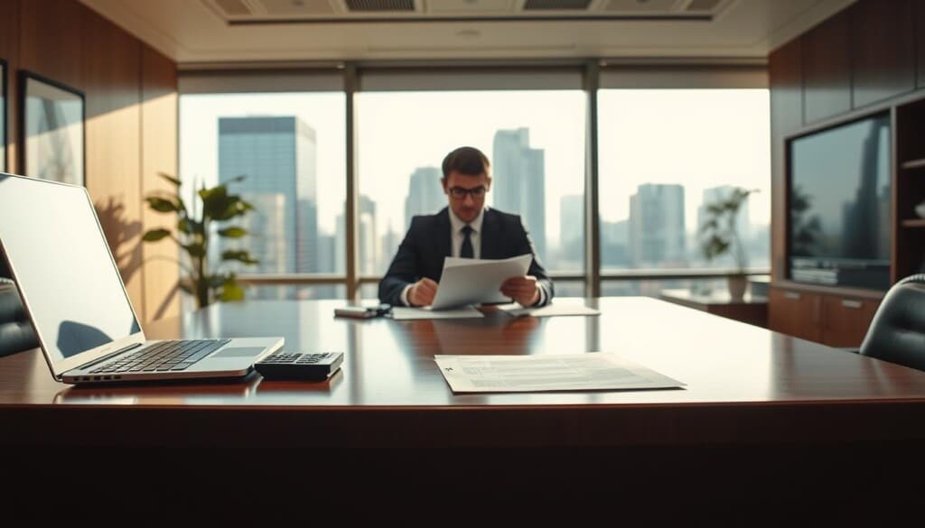 A professional and polished office setting, with a wooden desk in the foreground featuring a laptop, calculator, and documents. In the middle ground, a businessperson sits at the desk, intently reviewing paperwork. The background showcases a large window overlooking a cityscape, bathed in warm, natural lighting. The overall atmosphere conveys a sense of focus, diligence, and the serious nature of the loan modification process. Camera angle is slightly elevated, capturing the scene from an authoritative, yet accessible perspective.