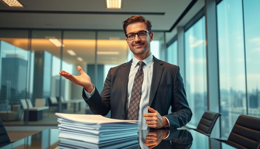 A professional, confident-looking lawyer standing in a modern, well-lit law office, wearing a sharp suit and tie. The lawyer is gesturing with one hand while the other rests on a stack of legal documents on a sleek, glass-topped desk. The background features floor-to-ceiling windows overlooking a cityscape, conveying a sense of authority and expertise. The lighting casts a warm, authoritative glow, and the camera angle is slightly low, looking up at the lawyer to emphasize their presence and command of the space. The overall impression is of a seasoned, knowledgeable attorney ready to advocate for their client's rights in a wrongful termination case.