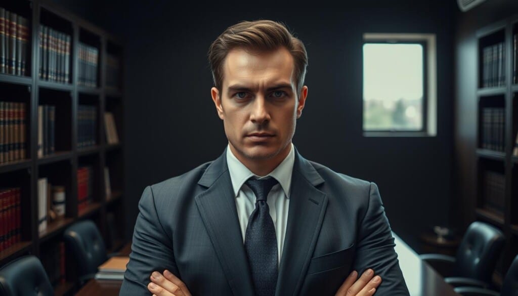A professional criminal defense lawyer stands resolute, their tailored suit a symbol of authority, their gaze unwavering. The office behind them is a study in contrasts, books lining the shelves, a sleek desk commanding attention, and a single window casting a dramatic light that illuminates the gravity of their work. The mood is one of focused intensity, a testament to the high-stakes battles they wage to defend the accused. An air of determination permeates the scene, hinting at the skilled advocacy and unwavering commitment this lawyer brings to every case.