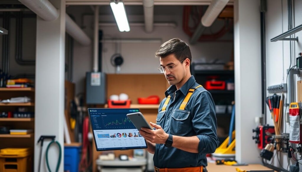 A professional electrician stands in a well-lit workshop, surrounded by neatly organized tools and supplies. The LocalZ visibility system is prominently displayed, its intuitive dashboard and connected devices showcasing real-time data and insights. Crisp, directional lighting illuminates the scene, highlighting the electrician's focused expression as they consult the LocalZ interface. The background features a clean, minimalist interior design, emphasizing the importance of efficiency and organization in the electrician's work. The overall atmosphere conveys a sense of professionalism, technological integration, and the LocalZ advantage for streamlining electrical maintenance and service.
