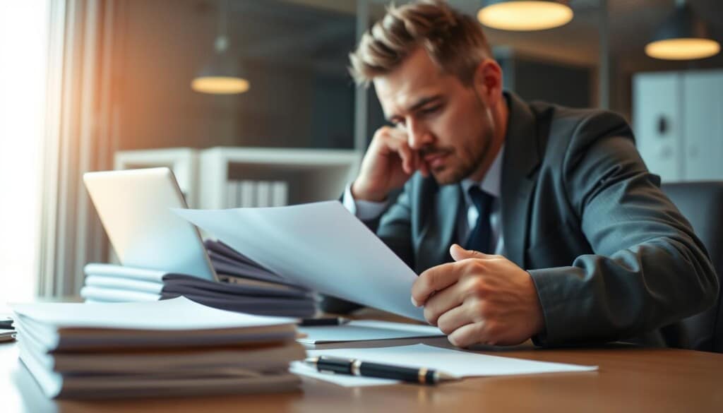 A professional employment attorney sits at a well-organized desk, deep in thought as they review documents. The scene is illuminated by soft, warm lighting, casting a contemplative atmosphere. In the foreground, the attorney's hands rest on the desk, their expression one of focused concentration. The middle ground features a laptop, pen, and a stack of neatly arranged files, suggesting the meticulous attention to detail required in this field. The background is a blurred, modern office setting, hinting at the broader context in which the attorney operates. The overall impression conveys the expertise, diligence, and commitment of an employment law professional providing valuable counsel.