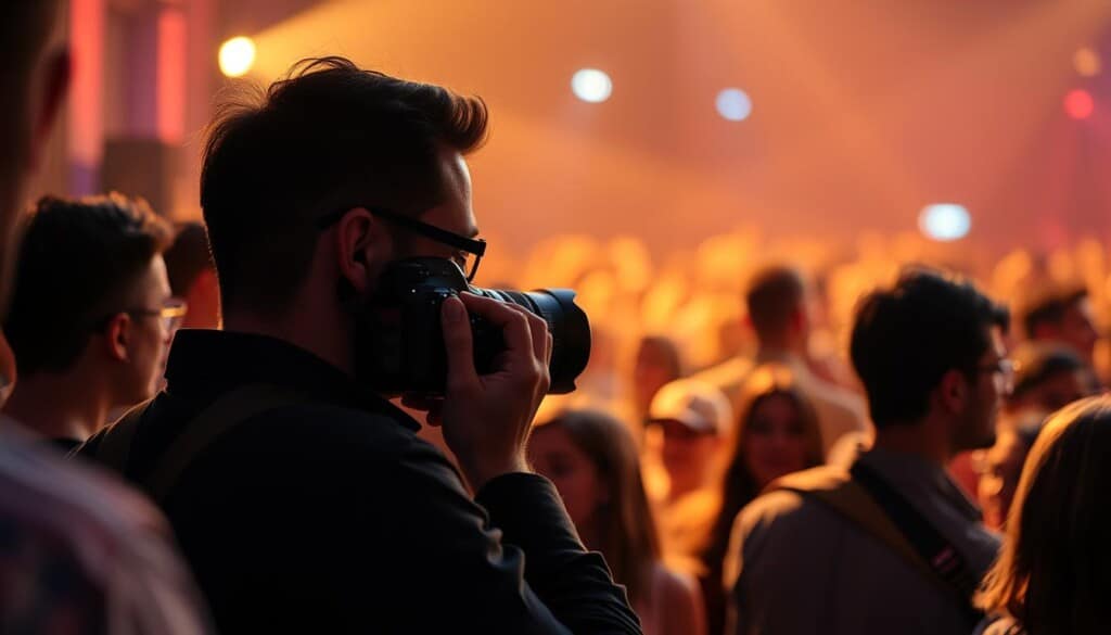 A professional event photographer, camera in hand, effortlessly navigates through a bustling crowd, capturing candid moments and genuine expressions. Warm, diffused lighting illuminates the scene, creating a captivating atmosphere. The photographer's keen eye frames the subject, subtly engaging with the attendees, drawing them into the moment. The composition is well-balanced, with the photographer's silhouette in the foreground, the crowd in the middle ground, and a blurred background that suggests the vibrant energy of the event. The overall mood is one of connection, excitement, and a celebration of the human experience.