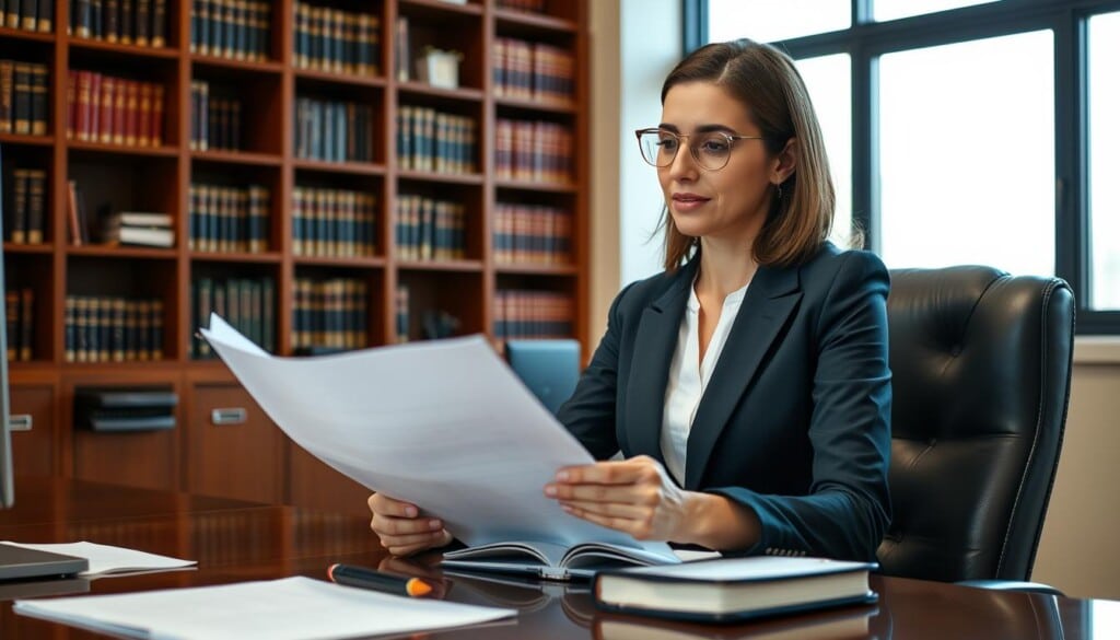 A professional female child custody attorney sitting at her desk, confidently reviewing case files. The office is well-lit with warm, inviting lighting, creating a sense of trust and professionalism. The attorney is dressed in a smart, tailored suit, conveying her expertise and authority. Bookshelves line the walls, adding an air of scholarly credibility. The desk is neatly organized, with a computer, pen, and notepad, suggesting a meticulous and thorough approach to her work. The overall atmosphere is one of competence, empathy, and a commitment to providing exceptional legal services to clients.