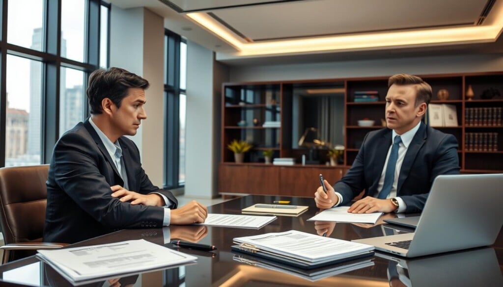 A professional law office with sleek modern decor, soft lighting, and a large desk showcasing a stack of documents, a laptop, and a pen. In the foreground, a concerned-looking client sits across from a confident, well-dressed attorney, discussing legal paperwork. The background features floor-to-ceiling windows offering a cityscape view, conveying a sense of authority and expertise. The overall atmosphere is one of professionalism, trust, and attention to detail, reflecting the importance of legal representation in workers' compensation cases.