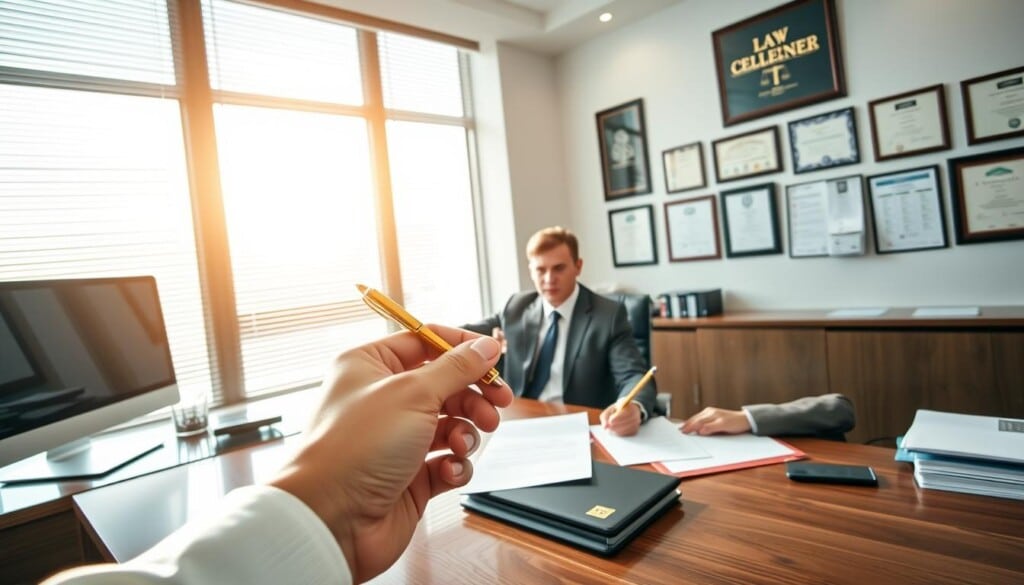 A professional legal office with a well-organized calendar system. Sunlight streams through large windows, illuminating a sleek desk with a computer and stationery. In the foreground, a hand reaches for a pen, ready to schedule a meeting with a serious-looking attorney in a tailored suit, seated across the desk. The walls are adorned with law degrees and certificates, conveying a sense of expertise and authority. The atmosphere is one of efficiency and attention to detail, reflecting the professionalism of the legal practice.