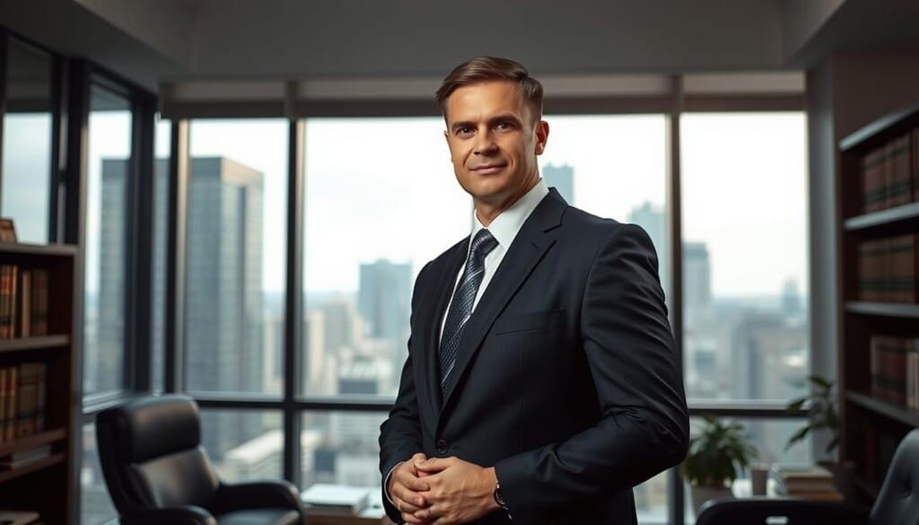 A professional-looking child support attorney standing confidently in their office, dressed in a sharp suit against a backdrop of law books and a large window overlooking a cityscape. Soft, directional lighting from the side creates depth and highlights the attorney's authoritative demeanor. The scene exudes an air of expertise, trustworthiness, and dedication to providing exceptional legal services. The overall mood is one of professionalism, competence, and a commitment to advocating for the best interests of the client.