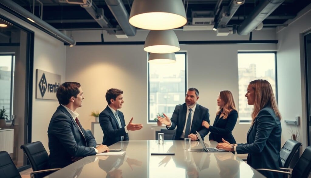 A professional, modern office setting with a team of rental agency representatives engaged in conversation. The scene has a warm, inviting atmosphere with soft lighting from overhead fixtures and natural sunlight streaming through large windows. The agents are dressed in business attire, exuding an air of competence and trustworthiness. They are positioned around a conference table, gesturing and sharing information, conveying a sense of collaboration and expertise. The background features sleek, minimalist decor with subtle branding elements that suggest a reputable, established rental agency. The overall impression is one of a reliable, customer-focused organization ready to assist prospective tenants.