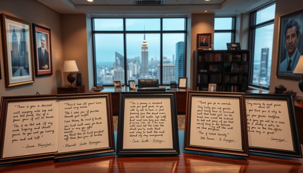 A professional office interior with a warm, inviting ambiance. In the foreground, a wooden desk displays framed client testimonials, their pages filled with handwritten praise. Behind it, the walls are adorned with inspirational artwork and awards, creating an atmosphere of success and expertise. The lighting is softly diffused, casting a gentle glow over the space. In the background, large windows offer a view of a bustling city skyline, underscoring the prominence and reputation of the legal firm. The entire scene exudes a sense of trust, reliability, and a unwavering commitment to client satisfaction.