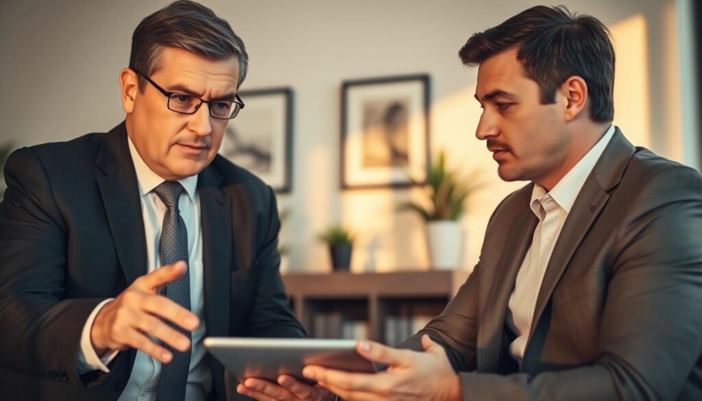 A professional office setting with a loan officer and client engaged in a discussion. The loan officer, dressed in a formal suit, leans forward with a serious yet approachable expression, gesturing with one hand as they explain details on a tablet or laptop screen. The client, wearing business attire, listens intently, brow furrowed in concentration. Warm, natural lighting floods the room, casting a soft glow on the participants. The background features a clean, minimalist decor with tasteful artwork and plants, conveying a sense of professionalism and trust. The overall atmosphere is one of collaboration and constructive dialogue, reflecting the process of working closely with a lender.