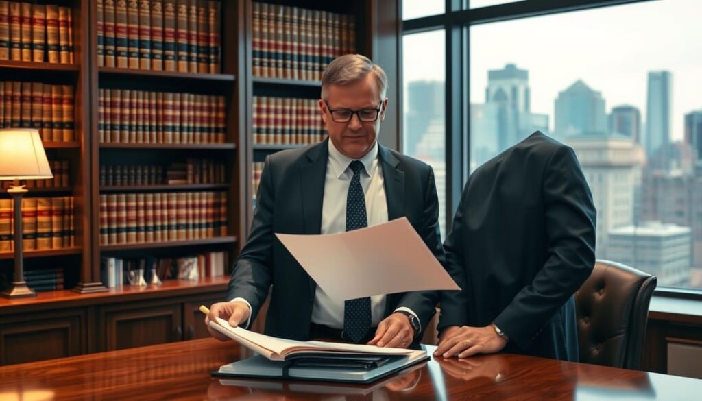 A professional probate attorney standing in an elegant law office, dressed in a sharp suit and tie, reviewing documents on a polished wooden desk. Behind them, a large bookshelf filled with legal tomes casts a warm, authoritative glow. Through the window, the city skyline is visible, hinting at the attorney's expertise in estate administration. The lighting is soft and directional, accentuating the attorney's focused expression as they guide a client through the complexities of probate law.