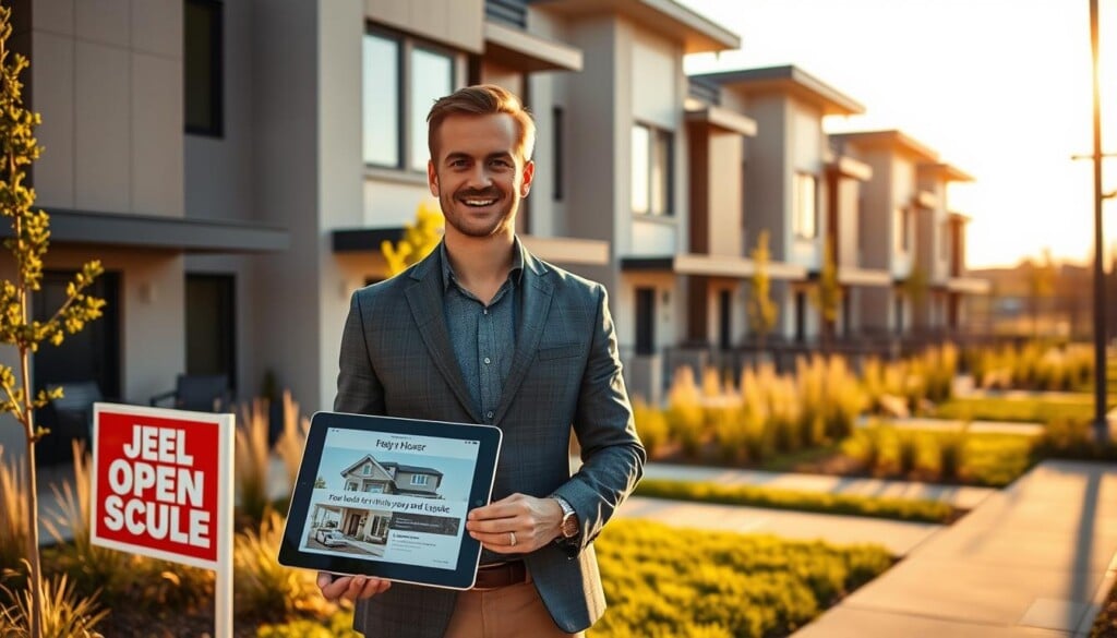 A professional real estate agent standing in front of a contemporary suburban home, illuminated by warm golden sunlight. In the background, a row of newly constructed townhouses with sleek modern architecture and well-manicured landscaping. In the foreground, an open house sign and a tablet displaying digital marketing materials, showcasing the property's features and amenities. The atmosphere conveys a sense of optimism, success, and the promise of a desirable, profitable investment.