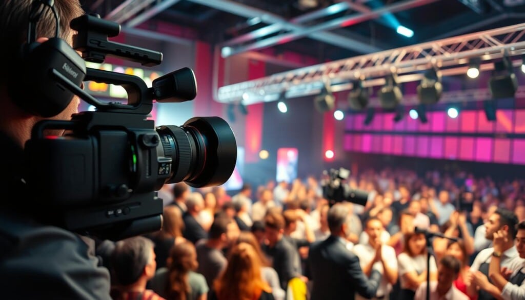 A professional videographer capturing a dynamic event scene. In the foreground, a camera operator with a high-end DSLR, framing a wide-angle shot of the bustling crowd. In the middle ground, a team of crew members setting up lighting rigs and audio equipment, their expressions focused and intent. In the background, a vibrant, energetic event venue with rich colors and textures, the atmosphere alive with energy and anticipation. Crisp, cinematic lighting casts dramatic shadows, evoking a sense of action and drama. The overall mood is one of professional excellence, capturing the essence of a high-quality event videography production.