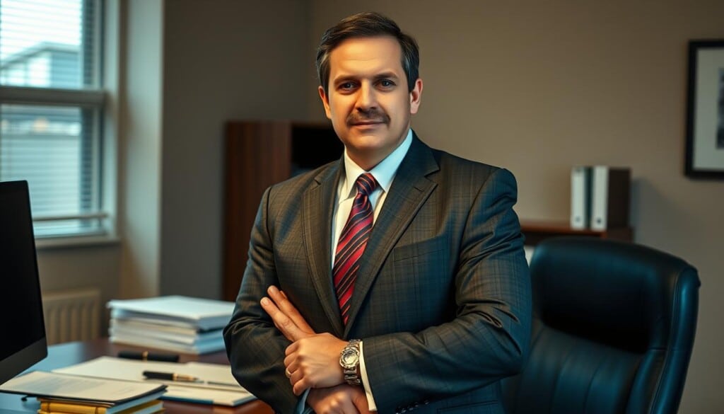 A professional, well-dressed attorney standing confidently in an office setting, surrounded by legal documents and a computer. The lighting is warm and inviting, with a hint of urgency conveying the importance of their role in defending clients against speeding tickets. The attorney's expression is serious yet assuring, projecting an aura of expertise and determination to achieve the best possible outcome for their client. The background features muted colors and subtle details that reinforce the legal and professional atmosphere, without distracting from the central figure.