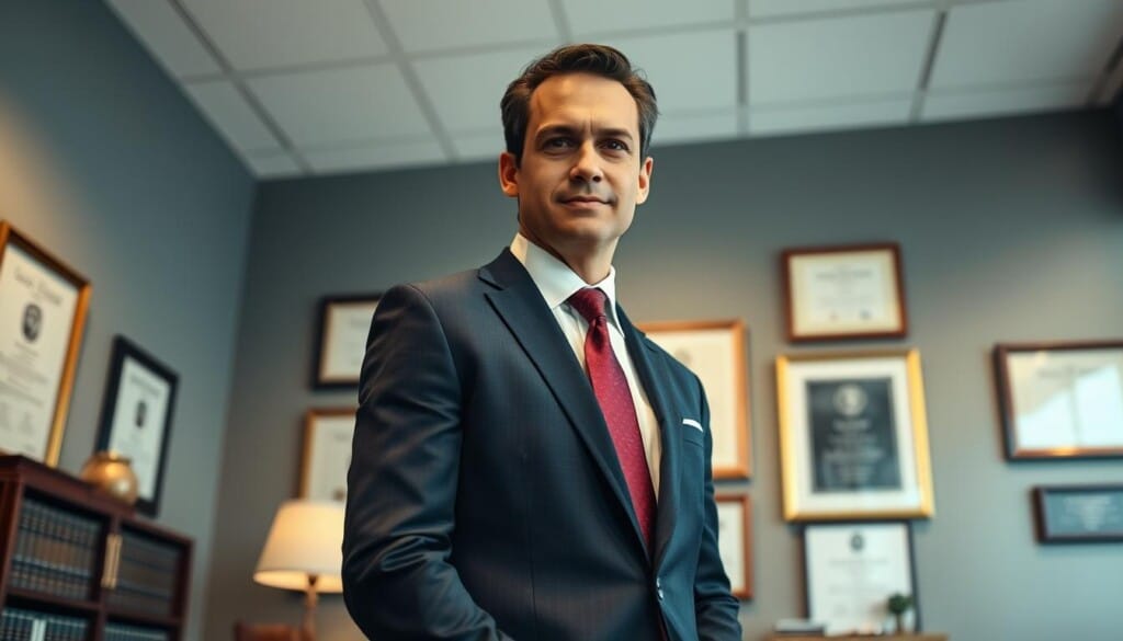A professional, well-dressed man standing confidently in a modern, well-lit law office. He is wearing a sharp, navy blue suit and a crisp, white shirt with a burgundy tie. His expression is serious yet approachable, conveying an air of expertise and trustworthiness. The office is tastefully decorated with framed certificates and awards, suggesting his experience and reputation in the legal field. The lighting is warm and soft, creating a welcoming atmosphere. The camera angle is slightly low, making the attorney appear authoritative and commanding, yet still approachable. The overall tone is one of professionalism, competence, and local expertise.
