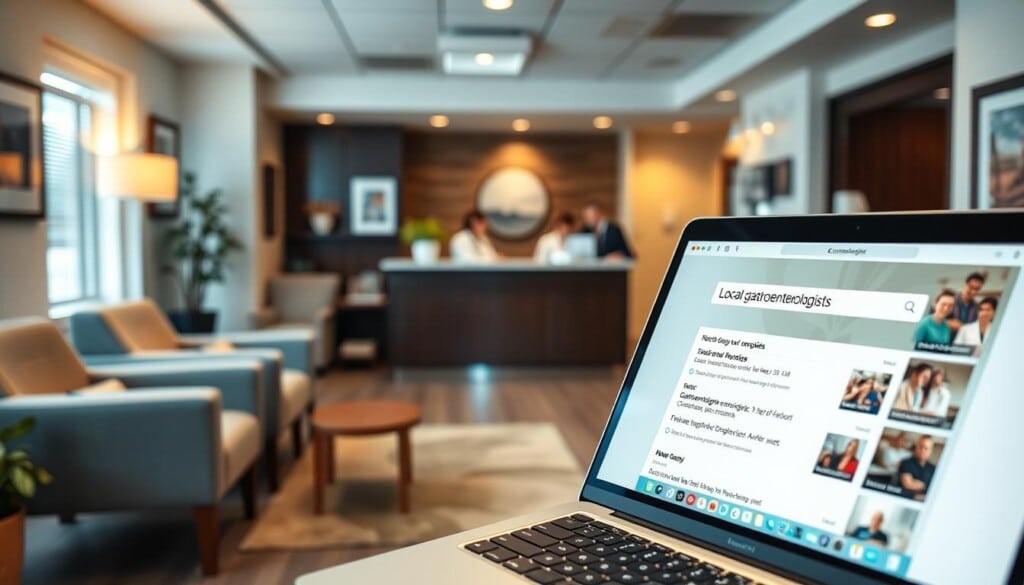 A professional, well-lit medical office interior with cozy seating areas and warm lighting. In the foreground, a laptop displaying a search results page for "Local gastroenterologists" with a clean, intuitive user interface. The middle ground features a reception desk and a warm, welcoming staff, creating a sense of comfort and care. The background showcases tasteful decor and modern medical equipment, conveying a sense of expertise and professionalism. The overall atmosphere is calming, inviting, and reflective of the high-quality gastroenterology services available nearby.