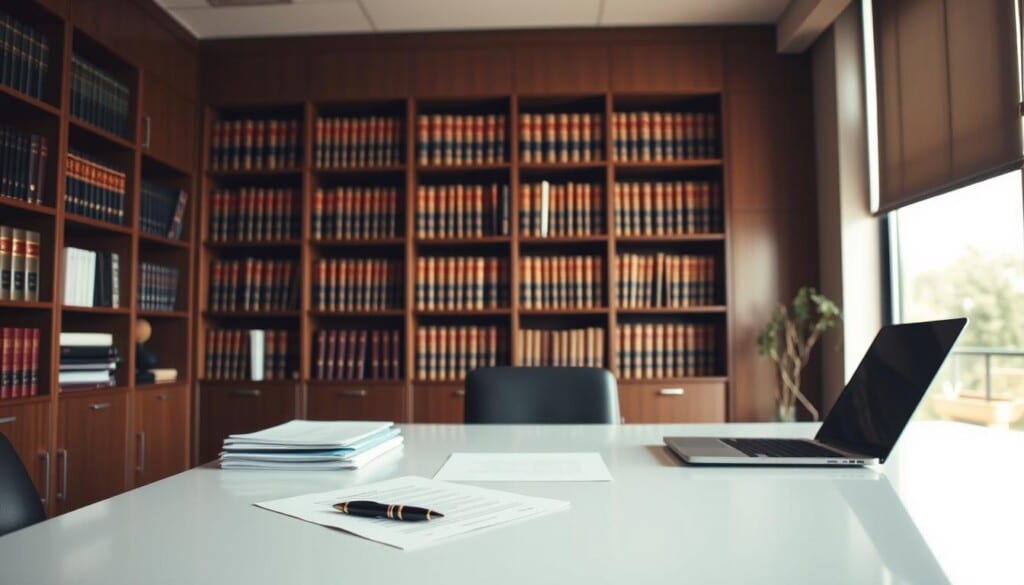 A professional, well-lit office interior, with a large desk in the foreground and a bookshelf in the background. The desk is neatly organized, with a laptop, a stack of legal documents, and a pen resting on it. The bookshelf is filled with law books and legal files, creating a sense of expertise and authority. The lighting is warm and inviting, casting a subtle glow on the scene. A large window on the side allows natural light to flood the room, creating a comfortable and professional atmosphere. The overall tone is one of competence, trustworthiness, and attention to detail, reflecting the expertise of a qualified foreclosure attorney.