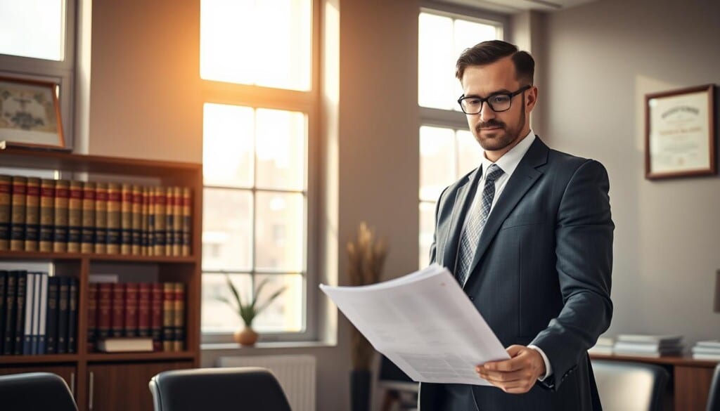 A professional workers compensation attorney stands in a modern office, confidently reviewing documents at their desk. Warm natural lighting from large windows illuminates the scene, casting a soft glow on the attorney's focused expression. In the background, a bookshelf filled with legal tomes and a framed diploma on the wall convey their expertise. The image radiates an aura of competence, reliability, and dedication to helping injured workers obtain the benefits they deserve.